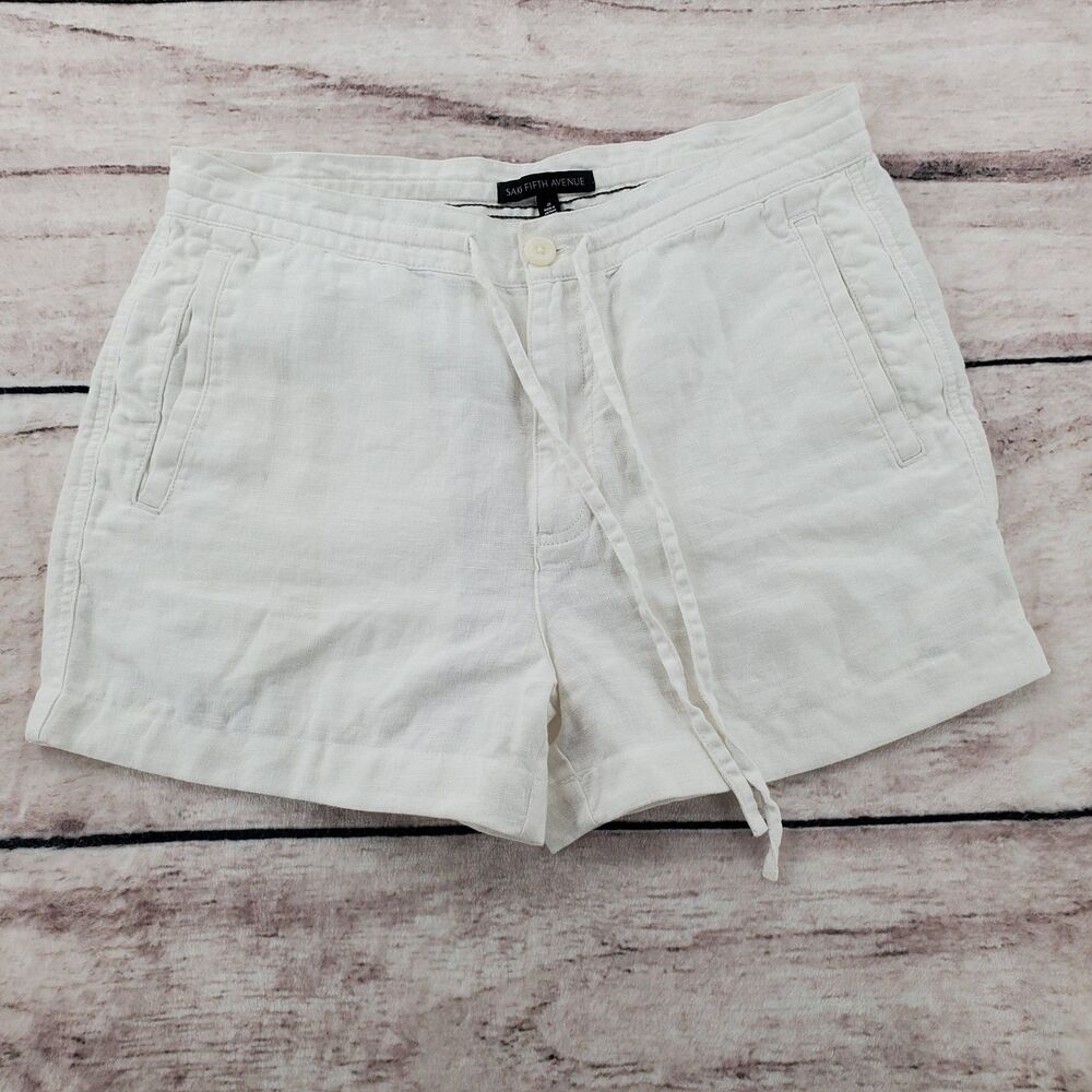 Saks Fifth Avenue Shorts 33 Linen Ivory Drawstring Casual Summer Beach Flat